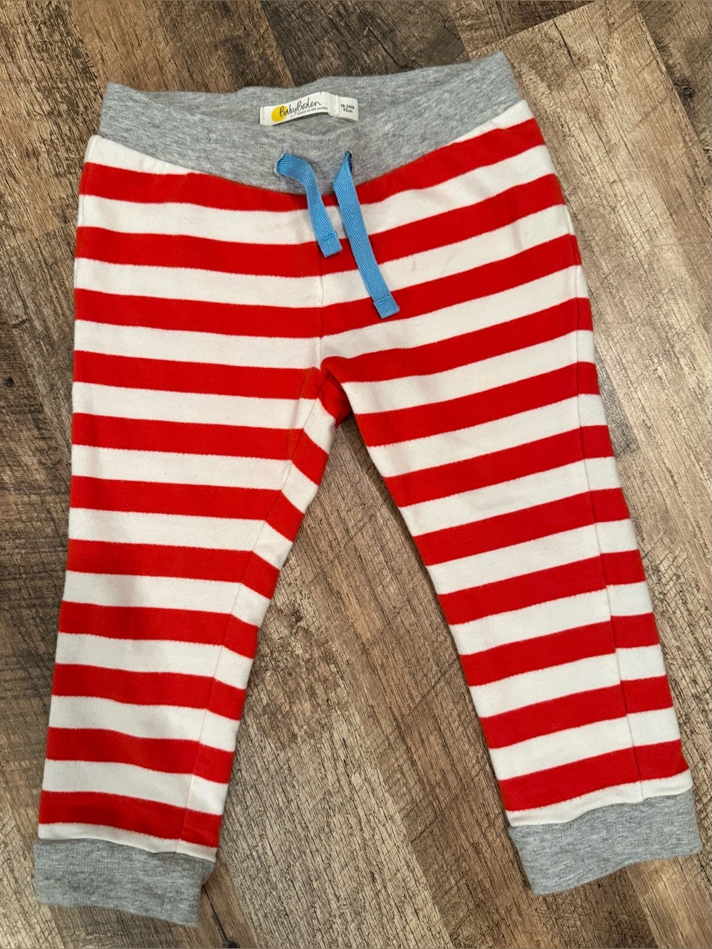 Baby Boden Red & White Striped Joggers with Blue Drawstring